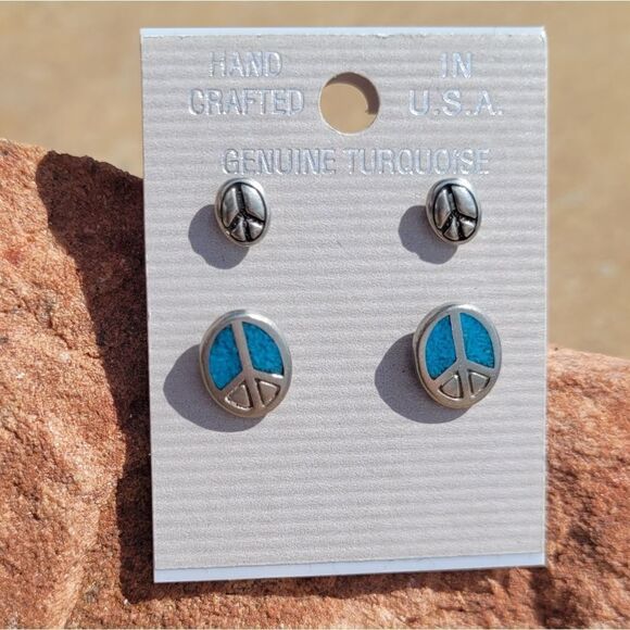 Genuine Turquoise Inlay Set of Peace Earrings - Picture 1 of 3